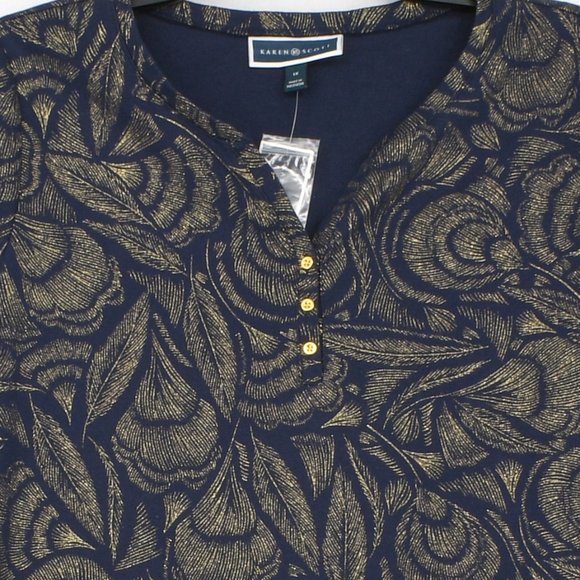 Karen Scott Women Plus Size Blue 3/4 Sleeve Henley Button Neck Printed Top - Picture 3 of 6